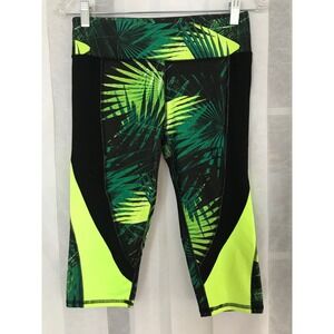 Fabletics Womens Tropical Palm Print Capri Leggings Neon Yellow Black S